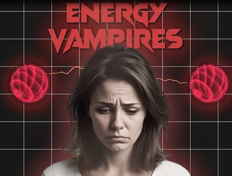 A somber woman with a tired expression is surrounded by glowing red energy spheres, set against a dark grid background. The bold text 'ENERGY VAMPIRE' appears above her in a dramatic font, suggesting the draining effect of negative forces.